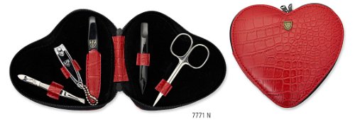3 Swords - 5 Piece Manicure & Pedicure Case, made of high quality Croco Leather imitation, Color: red, Quality: Made in Solingen