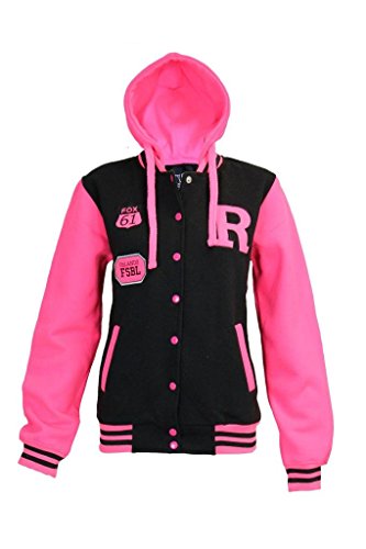 Kids Girls & Boys Unisex R Baseball Bomber Jacket Varsity Letterman with Hoodie Neon Pink Sleeve/Matching Bottoms ALSO available (ITEMS SOLD SEPARATELY) 7-13 YRS