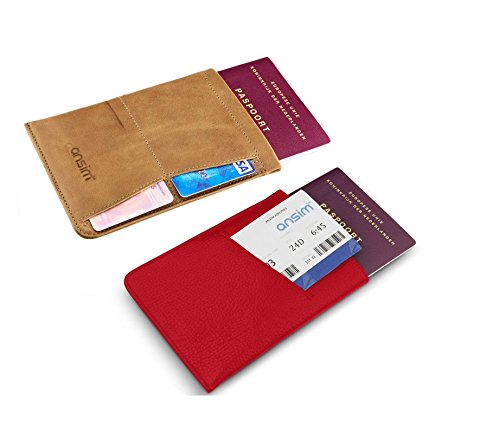 Brown &amp; Red 100% Real Leather Slimline Passport Document Holder For All EU &amp; UK Passports