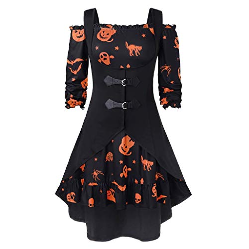 iHAZA Femmes Halloween Robe Grande Taille Multicolore Nouveau Hors De L'épaule Citrouille Imprimer Halloween Vintage Robe avec Gilet 2 Pcs