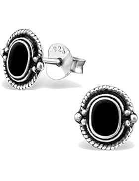 Ohrstecker Ohrringe Schwarz Vintage 925 Silber 8mm rund für Damen und Herren (2 Stück - 1 Paar)