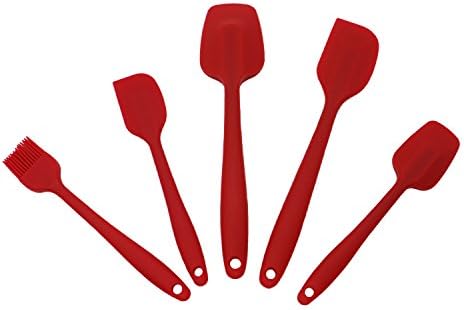 iGraver Silicone Spatula Set Heat Resistant, 4 Versatile Gadgets &amp; 1 Grill Brush for Cooking, Baking, Mixing and Brushing, Seamless Design, Red