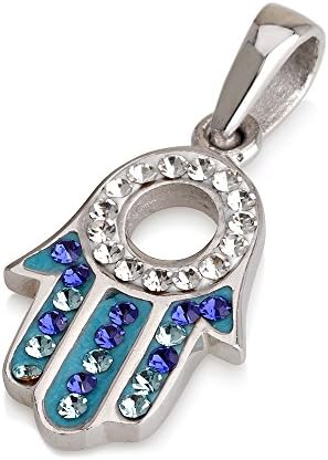 Hamsa Hart Pendant in 925 Silver With White&Blue Gemstones + 925 Sterling Silver Chain