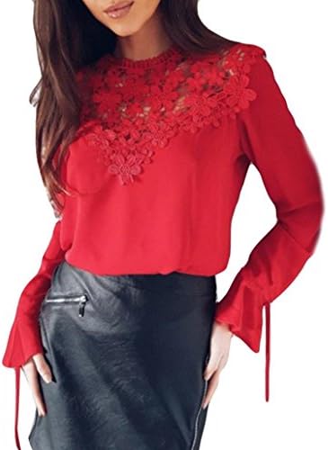 Clearance Women Chiffon Tops, Sunday77 Women Ladies Summer Long Sleeve Round Neck Shirts Sexy Lace Splicing Crewneck Tops Casual Plus Size Slim Fit Tank Blouse Casual Beach Tunic Tops Shirt (S, Red)