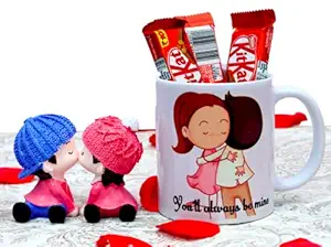 Valentine Gift for Girlfriend Wife Boyfriend Husband Kissing Couple Resin Miniature Showpiece Valentine Gift With Chocolate Printed Mug Combo Pack (1 Cute Couple Idol 3 Chocolate 1 Coffee Mug)