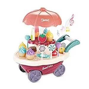 Sanishth Ice Cream Toy Cart Play Set for Kids - 30-Piece Pretend Play Food - Educational Ice-Cream Trolley Truck with with Music & Lighting - Great Gift for Girls and Boys Ages 3 - 12 Years Old