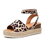  Onsoyours Sandalen Damen Espadrilles Plateau Keilabsatz Offener Zeh Espadrilles Frauen Knöchel Schnalle Strandschuhe Riemchensandalen Absatz Leopard 38 EU