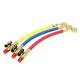Diseñado para cumplir con las mangueras de carga de refrigerante hembra SAE estándar de 1/4 "fijadas con cierre de rojo, azul y amarillo.