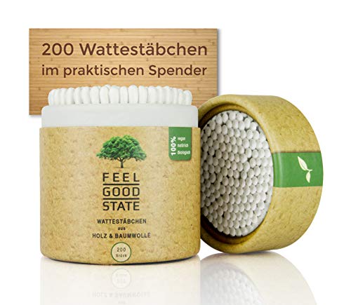 200 Wattestäbchen aus Holz von Feel Good State | im praktischen Spender | 100% biologisch abbaubar, nachhaltig und plastikfrei - 2