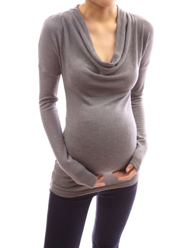 PattyBoutik Mama Cowl Neck Drop Shoulder Tunic Maternity Blouse Top (Gray 16)