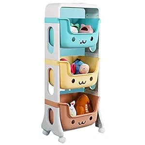 VISMIINTREND Smrolley Kids Toy Storage Organizer 3-Tier Rolling Cart Trolley Playful Colors Smiley Design Children Playroom Decor Doll Activity Rack Shelf Plastic Bins Box Mobile Move Everywhere with Caster Wheels Kids Room Decor