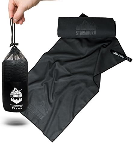 Micro Fibre Towel Set Pack of 2 x 140x70 70 x 40 – Zipper & Clasp Closure Pocket Fast Dry Ultra Light Gym, Travel and Home Sturmgrau – Quality Storm Horn