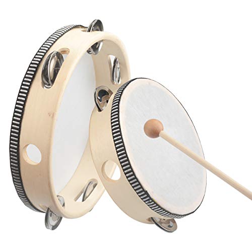 Tougo Tambour à Main en Bois avec 1 Bâton de Batterie, 2 Pièces (6 pouces et 8 pouces) Tambour Tambourin de Bell Bouleau Métal Jingles Instruments de percussion à main pour Fête, Jeux pour enfants