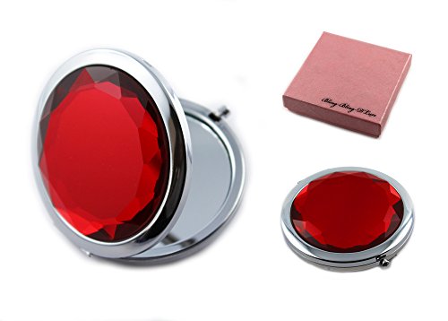 Klappbarer Design Taschenspiegel / Schminkspiegel / Kosmetikspiegel aus Metall in silber mit Glas-Kristall in rot - edles Diamantendesign - deutscher Händler (rot)