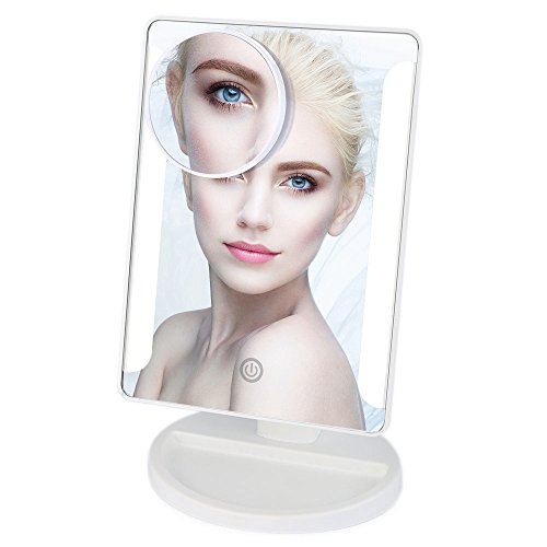 36 Dimmbare LED Makeup Spiegel, Touch Screen Kosmetikspiegel mit Abnehmbarem 10X Vergrößerungsfleck, Tragbarer Beleuchteter Eitelkeitsspiegel, USB und Batterien Geeignet Oben-Unten Schwenken Rasierspiegel für Reisen, Dressing, Rasieren (Weiß) - 8