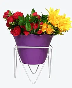 HINS 12 Inch Lotus Pot With Triangle Stand For Indoor & Outdoor Gardening (Purple Pot With White Stand) Plant Stands For Indoor Balcony I Plant Bench I Plant Stands I Pot Stand Single I Potted Plant Stand I Big Pots I Metal Plant Stand I Tall Outdoor Planter I Metal Casters I Large Plant Stand I Pot Stands For Garden I Indoor Plants Stand I Iron Plant Stand I Terrace Garden Stand I Garden Rack I Iron Stand For Pots I Pots Stand I Indoor Planter With Stand