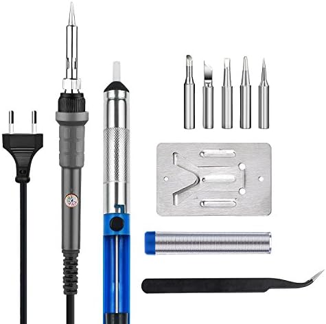 Soldering iron, Migimi welding iron 60W 220V with Adjustable Temperature (200°C-450°C), Welding Tool with 5pcs - Desoldering Pump, Stand, Anti-static Tweezers and Additional Solder Tube