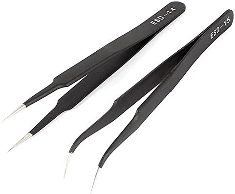 Changwei Extra Fine Point ESD Tweezers, Anti-Magnetic, Anti-Acid Steel, Anti-static, Stainless, High Precision (2 PCS (EDS-14 15))