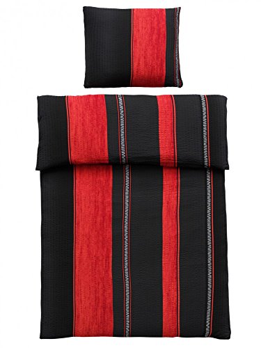 2 tlg Microfaser Sommer Seersucker Bettwäsche 135×200 od. 155×220 ROT SCHWARZ, Größe:135 x 200 cm;Design – Motiv:Design 1 - 2