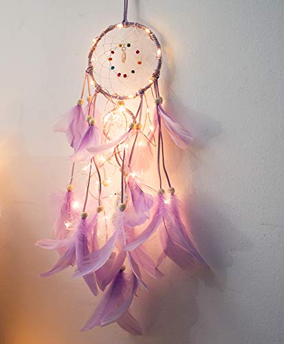 Preisvergleich Produktbild PANAX Großer Handgemachter Traumfänger mit echten lila Gänsefedern und warmweißer Lichterkette - Dreamcatcher für Wohnung, Schlafzimmer oder Dekoration