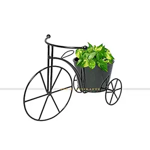 GIG Handicrafts Wheel Planter Small Iron Tabletop Planter Plant on Wheels and Floor Decorative Metal Rickshaw Planter Flower Planter Pot (18 cm x 15 cm x 11 cm, Black)