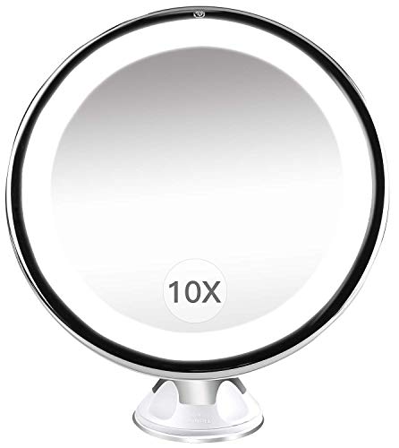 Rain - Espejo de Maquillaje con 10 aumentos, luz con USB, Recargable, Giratorio 360 Grados, Inoxidable, con Ventosa