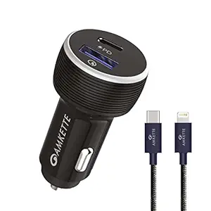 Amkette Power Pro 2 Port (QC and PD) iPhone Car Charger with Type C to 8 Pin Cable for Fast Charging (Black)