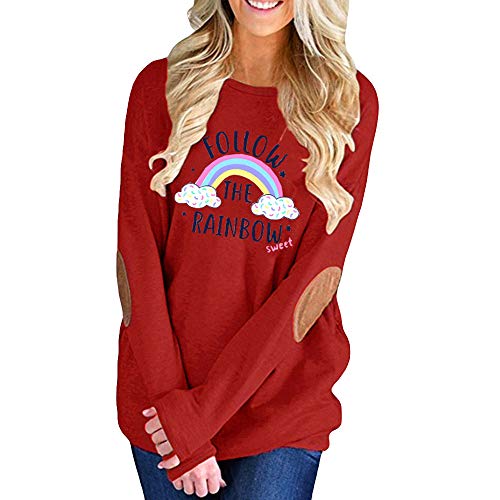 Price comparison product image ADESHOP Autumn Winter Long Sleeve For Lady,  Women's Shaping Tops,  Women Rainbow Letter Printed Casual Top T Shirt Ladies Long Sleeve Top Blouse(Red