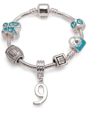Bling Rocks Kinder Blau Happy 9th Birthday personalisierbar mit Initiale Silber Pandora Style Charm Bead Armband...