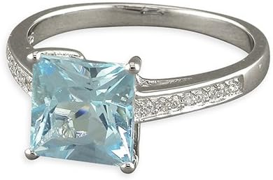 Sterling Silver Ring Square blue topaz with micro-set cubic zirconia shoulders