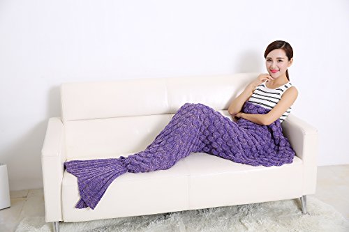 Aiqi Schlafsack / Decke in Meerjungfrau-Flossenform, warm und weich, Häkel-Handarbeit, zum Kuscheln, Fleece, ideale Geschenkidee, für Familienmitglieder oder Freunde, violett, M