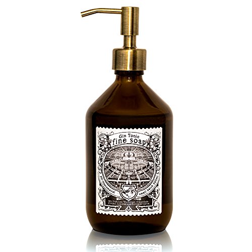 Gin Tonic Fine Soap Flüssigseife in Glas Flasche im Set mit Edelstahl Pumpkopf in Bronze Optik (Aromen / Gewürze von Zitrus, Zitrone, Limette, Wacholder, Chinarinde, Koriander) Seifenspender