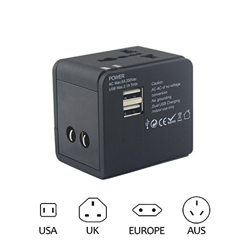 Enchufe Adaptador y USB universales para los Turistas de/Servicio de los Viajeros En El Extranjero con 2&nbsp;x USB A Puerto 5&nbsp;V Negro (Conector de tipos: UK, EU, US y AUS.)