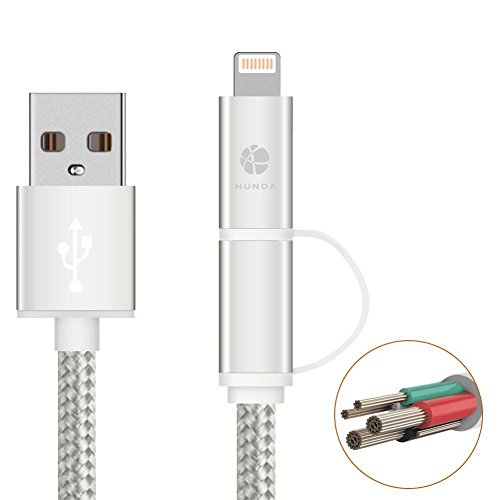 HUNDA 2 in 1 Ladekabel , 1M USB Lightning Ladekabel mit Nylon umflochtenes [Apple MFi zertifiziert] für iPhone 7/7 Plus,6S/6S Plus 6/6 Plus, 5/5 S , iPad Air 2, iPad Mini 3 und Android-Handys (Silber) - 2