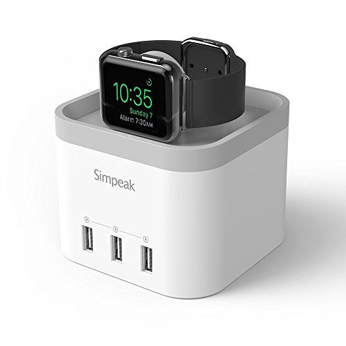 Simpeak 4 Port USB Charger Station for Apple Watch Series 1 / 2 /3 [Nightstand Mode], with Phone Holder Charger Stand for iPhone 5/6/7/8 and Other Smartphone, iPad - White and Gray