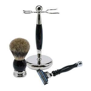 Fantasia 81023 Razor Set with 3-Blade Razor, Badger Shaving Brush, Silver-Tipped, 19 cm, Black / Chrome - Image 2
