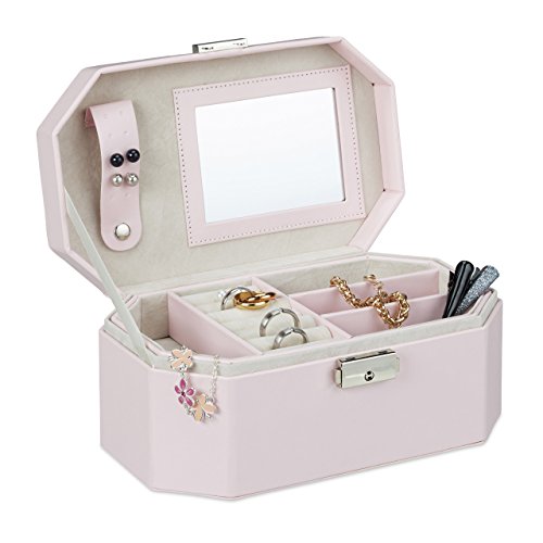 Preisvergleich Produktbild Relaxdays Schmuckkästchen für die Reise, Schmuckkasten mit Schloss, kompakte Schmuckbox für Ringe und Ketten, rosa