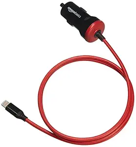 AmazonBasics Apple Certified High Speed Lightning Car Charger for Apple Devices with Straight Cable- 5V 12W - 1.5 Foot - Black and Red