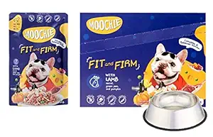 Royale Cat Moochie Wet Dog Food Fit & Firm with Lamb Carrot, Green Pea, and Pumpkin 85 g X 12 Pouch + Stainless Steel Dog Bowl Small