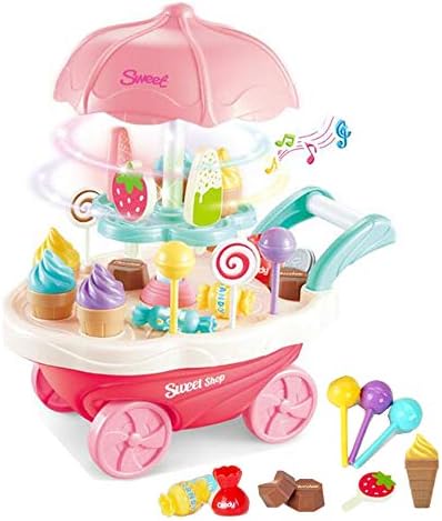 Ice Cream Cart,Kids Simulation Toys Girls Pretend Play Food Dessert Candy Trolley Toy Set With Wonderful Music and Light (B Style)