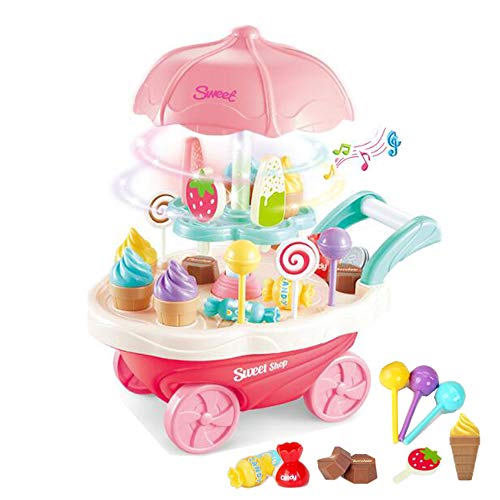 Ice Cream Cart,Kids Simulation Toys Girls Pretend Play Food Dessert Candy Trolley Toy Set With Wonderful Music and Light (B Style)