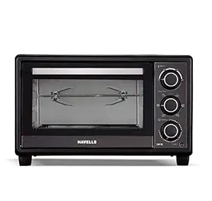 Havells OTG 24R BL - 24 L 1200 Watt Oven Toaster Griller with 60 min timer, Rotisserie, Inner Lamp, Toughened Double Glass Door, 6 Heating Modes, 4 Skewer rods, Enamelled coated Baking Tray (Black)