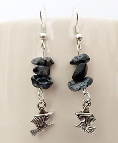 Obsidian Snowflake Gemstone Chip Handmade Dangle Earrings with Tibetan Silver Witch Charm