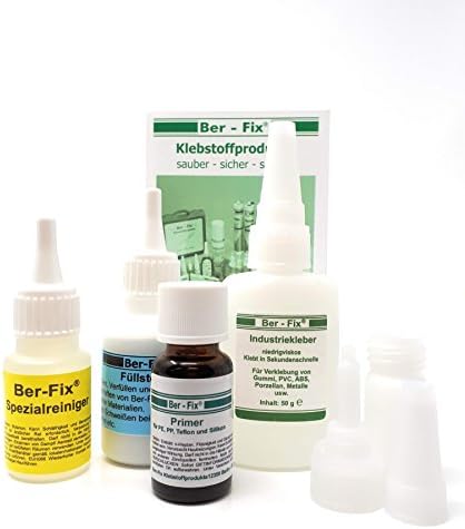 Ber-Fix Weisses Kunststoff Klebstoff Set 4 Zum kleben von Silikon Pe PP Teflon (PTFE) 50g Industriekleber dünnflüssig, 15ml Primer, 60g Füllstoff Weiss