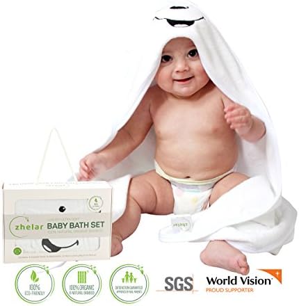Luxury Baby Bath Set by ZHELAR | 100% Natural Organic Bamboo | Large Ultra Soft Baby Hooded Towel & 2 Washcloths | for Newborn, Infant, Toddler | Perfect Registry & Shower Gift | Bonus Laundry Bag