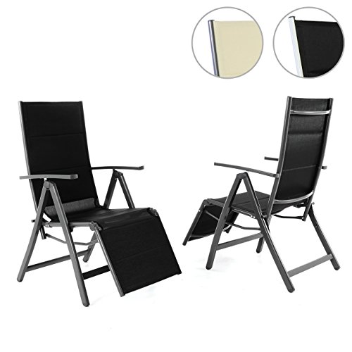 Nexos 2er Set Liegestuhl DELUXE Alu schwarze Textilene Klappstuhl Fußstütze Campingliege Rahmen anthrazit Gartenliege leicht stabil ideal für Terrasse oder Balkon witterungsbeständig 108x67x60 cm mit Armlehne