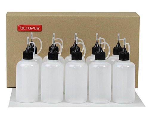 10 x 50 ml Octopus Nadelflaschen, E-Liquids Quetschflaschen für E-Shishas und E-Zigaretten, Öle, Farben und Klebstoffe, leere LDPE Kunststoffflaschen für Verdampfer / Depots / Clearomizer mit schwarzen Nadelkappen, inkl. 10 Beschriftungsetiketten