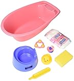 Das umfangreiche Set beinhaltet neben der Badewanne eine Vielzahl an Zubehör:- zum Baden: Badeente und Schwamm- zum Pflegen: Nachttopf und Puppenwindel- zum Spielen: Rassel und Schnuller- zum Füttern: eine Milchflasche- Sonstiges: Puppenkleiderbügel