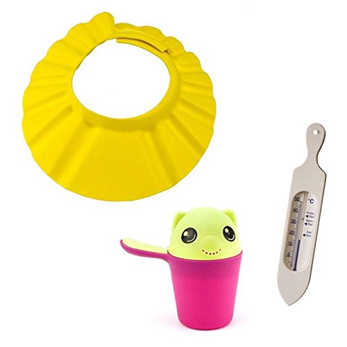 Preisvergleich Produktbild Baby Duschset mit Duschhaube gelb, Wasserbecher pink und Badethermometer weiß