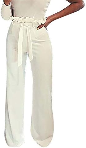 QiuLan Women Straight Leg High Waisted Long Pants Solid Color Pants with Belt